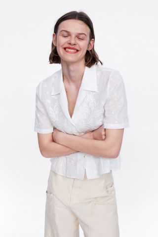 Zara + Shirt With Frill and Embroideries