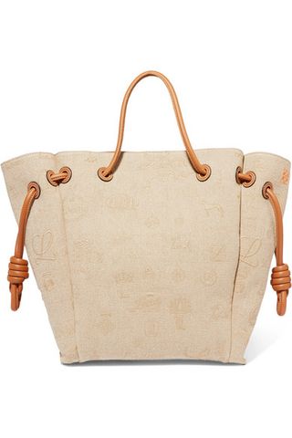 Loewe + Flamenco Medium Leather-Trimmed Embroidered Linen Tote