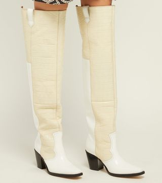 Ganni + Nadine Knee-High Crocodile-Effect Leather Boots