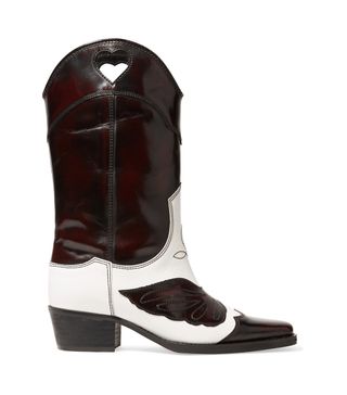 Ganni + Two-Tone Embroidered Cutout Boots