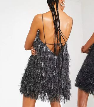 Asos Edition + Feather & Sequin Mini Dress With Low Back in Charcoal