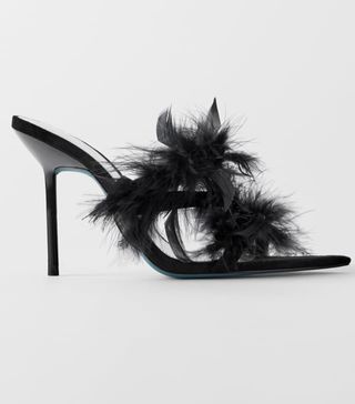 Zara + Blue Collection Leather High Heel Mules With Feathers
