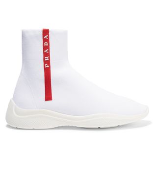 Prada + Logo-Embellished Stretch-Knit Slip-On Sneakers