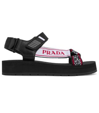 Prada + Logo-Embossed Rubber-Trimmed Leather and Canvas Sandals