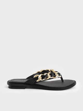 Charles & Keith + Black Braided Chain-Link Strap Thong Sandals