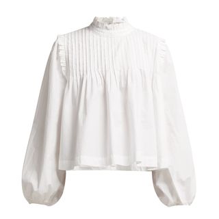 Ganni + Olayan Pintuck Cotton-Poplin Blouse