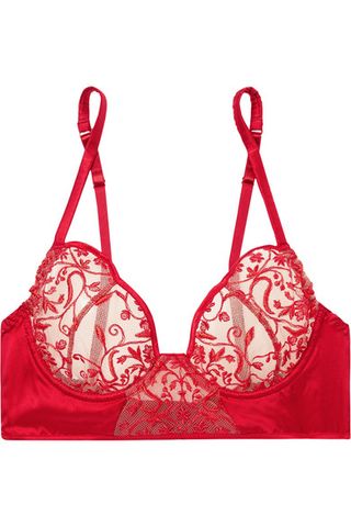 Coco de Mer + Botanical Beauty Embroidered Tulle and Silk-Blend Satin Underwired Plunge Bra