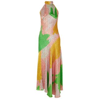 De La Vali + Vivienne Asymmetric Printed Silk-Satin Maxi Dress