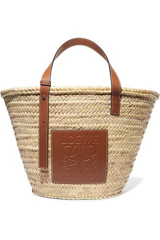 Loewe + Large Leather Trimmed Woven Raffia Tote