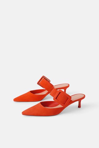 Zara + Leather Heeled Mules With Buckle