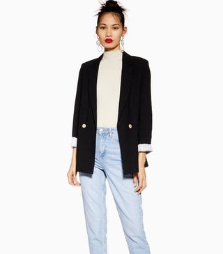 Topshop + Black Double Breasted Blazer with Linen