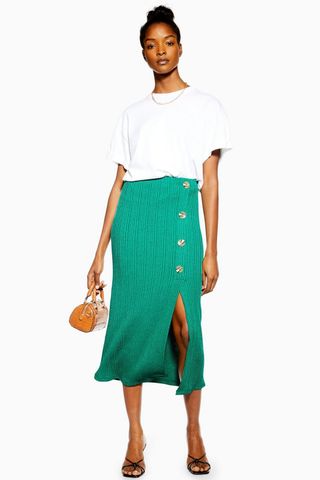 Topshop + Green Button Ribbed Midi Skirt