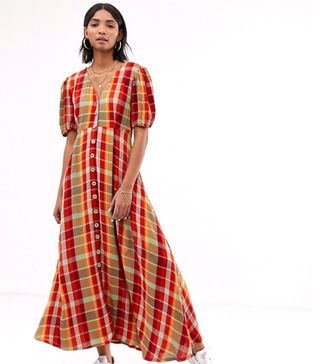 Neon Rose + Maxi Tea Dress with Puff Sleeves in Bold Check