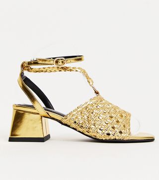 River Island + Woven Heeled Sandals With Circle Detail in Gold