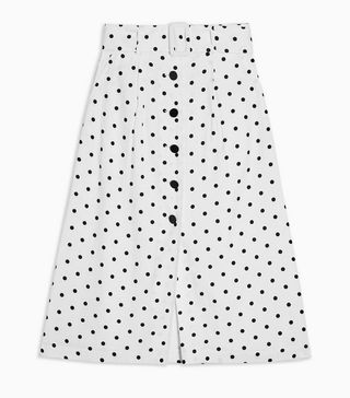 Topshop + Black and White Belted Spot Midi Skirt