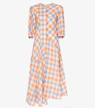 Rejina Pyo + Check Print Peasant Sleeve Asymmetric Midi Dress