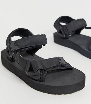 Pull and Bear + Velcro Fasten Sandals in Black