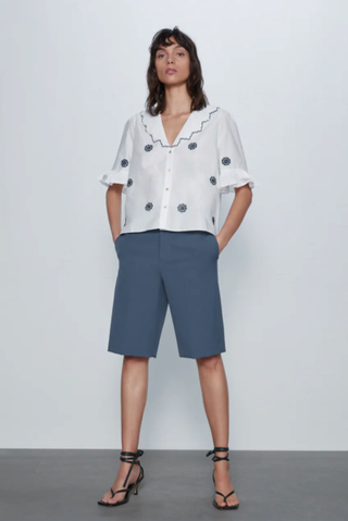 Zara + Contrasting Embroidery Blouse