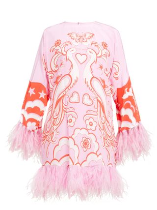 Valentino + Peacock-Print Feather-Trimmed Silk Dress