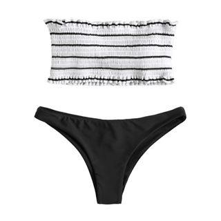 Zaful + Strapless Striped Frilled Smocked Two Piece Bandeau Bikini Set