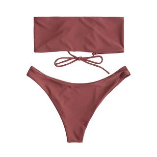 Zaful + Adjustable Back Lace-up Bandeau Bikini Set