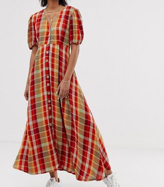 Neon Rose + Maxi Tea Dress With Puff Sleeves in Bold Check