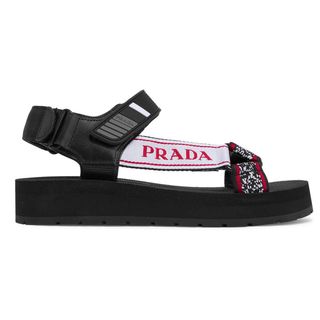 Prada + Logo-Embossed Rubber-Trimmed Leather and Canvas Sandals