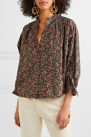 Dôen + Rose Gathered Floral-Print Cotton-Poplin Blouse