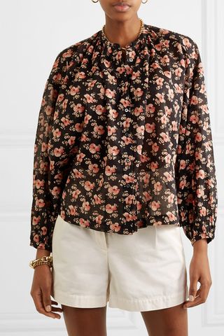 Dôen + Jane Gathered Floral Print Cotton-Voile Blouse