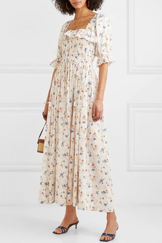 Dôen + Sol Shirred Floral-Print Swiss-Dot Cotton-Voile Maxi Dress