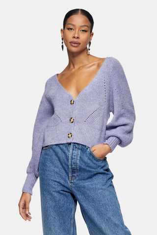 Topshop + Lilac Balloon Sleeve Knitted Cardigan