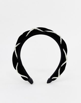 ASOS Design + Velvet Headband With Pearl Detail in Black