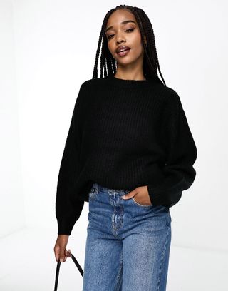 ASOS + Tall Fluffy Ribbed Sweater With Crew Neck in Black