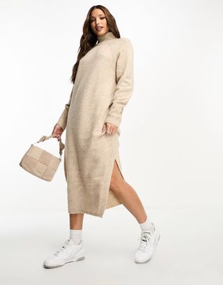 ASOS + Tall Knitted Oversized Midi Dress with High Neck in Stone