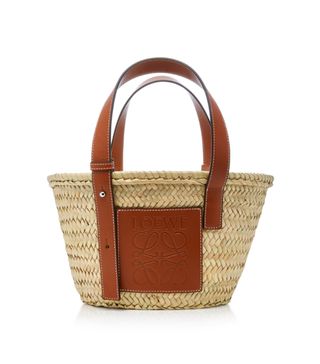 Loewe + Small Leather-Trimmed Straw Basket Tote