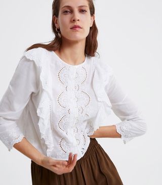 Zara + Ruffled Embroidered Blouse
