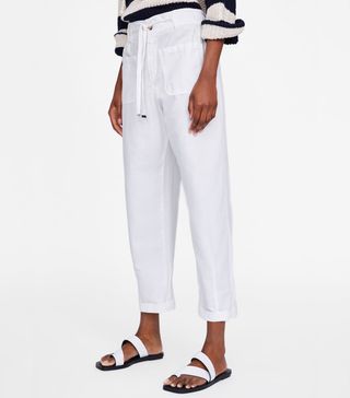 Zara + Cropped Linen Drawstring Pants