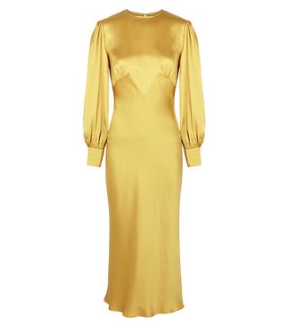 Olivia Von Halle + Aureta Honey Mustard Bias-Cut Silk Midi Dress