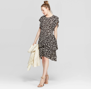 Who What Wear x Target + Floral Print Short Sleeve Scoop Neck Asymmetric A Line Dress