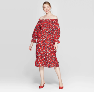 Who What Wear x Target + Floral Print Off the Shoulder Long Sleeve Shirred Midi A Line Dress