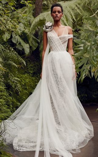 Vera Wang + Camelia A-Line Asymmetrical Tulle Gown With Macrame Lace Skirt