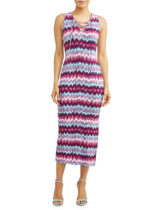 Sofia Jeans by Sofia Vergara + Lace-up Neck Fitted Printed Maxi Dress