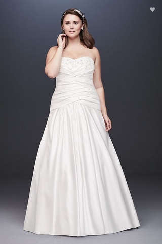 David's Bridal + Strapless Pleated A-Line Drop Waist Wedding Dress