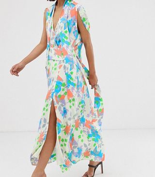 ASOS + Plunge Neck Modern Maxi Dress With Cape Sleeves in Floral Print