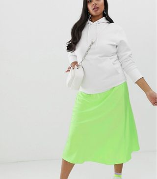 ASOS Design + Curve Bias Cut Satin Slip Midi Skirt in Neon