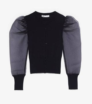 Zara + Knit Cardigan With Organza Sleeves
