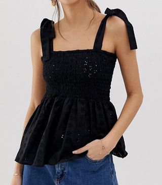 ASOS Design + Cami Broderie Sun Top With Shirring and Tie Shoulder Detail
