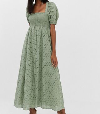 ASOS Design + Shirred Bustier Maxi Dress With Puff Sleeve in Broderie