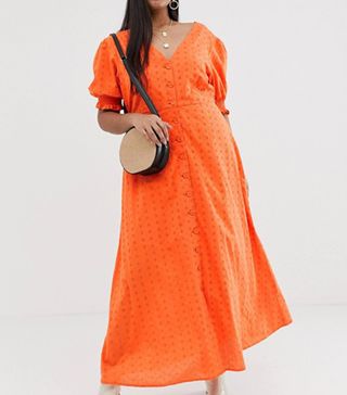Neon Rose + Plus Button Front Maxi Dress in Broderie