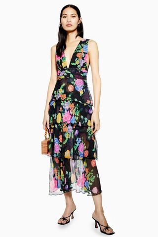 Topshop + Black Floral Plunge Pinafore Dress
